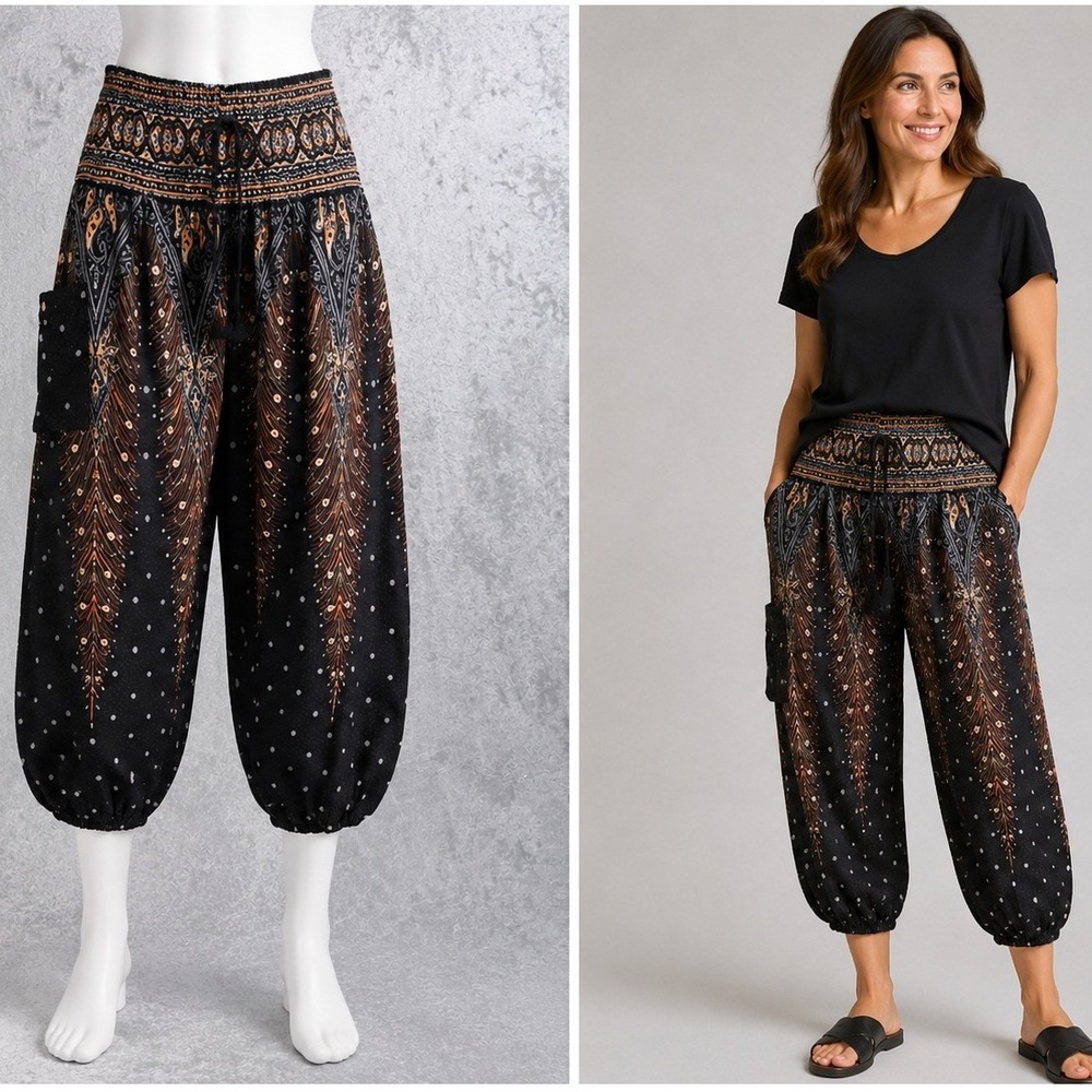 Gypsy Rose Harem Pants Women L/XL Black Peacock Feather Smocked Waist Boho Yoga